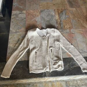 Maje Moto Jacket Blazer Tweed with Shoulders in Cream and Gold thread (m binn)